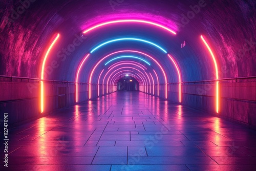 A futuristic semi-circular corridor illuminated by neon lights, creating a glowing atmosphere. A conceptual and innovative design