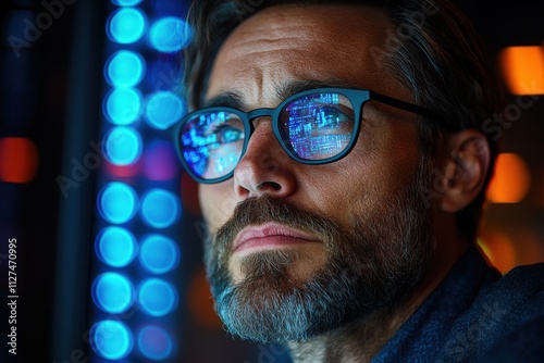 A close-up of a man wearing glasses with digital reflections visible on the lenses. A modern concept for eyewear branding