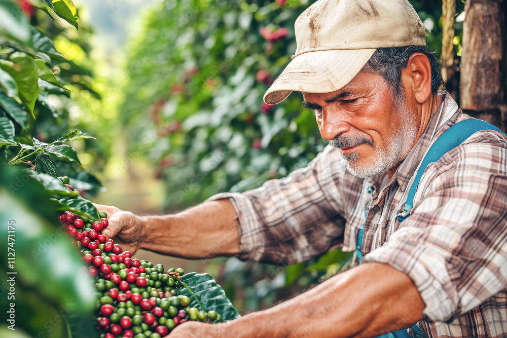 Fototapeta premium A diligent farmer carefully picks ripe coffee berries in the plantation