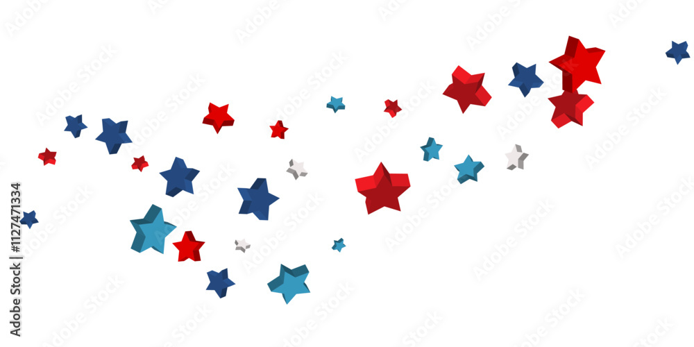 Volumetric blue, red and white stars are scattered on a white background. Festive background