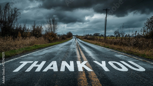 Road stretches into the distance with thank you message painted on wet asphalt under cloudy sky photo