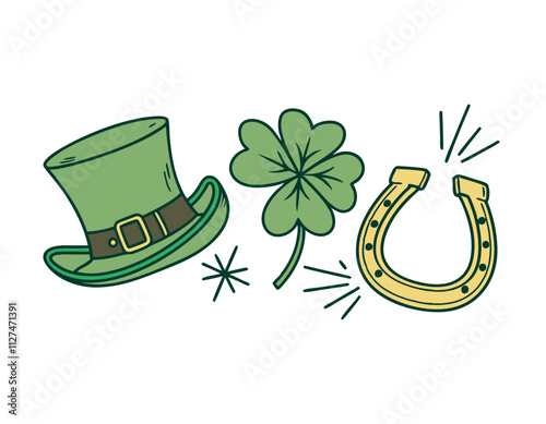 st. patrick's day symbols: green hat, shamrock, and horseshoe illustration