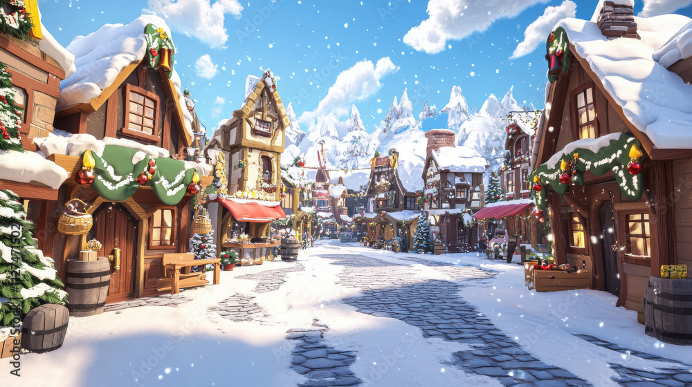A Festive Cartoon Village with Bustling Marketplaces and Cozy Cottages. This delightful illustration of a cartoon village captures the holiday spirit with its bustling marketplaces, cozy cottages.