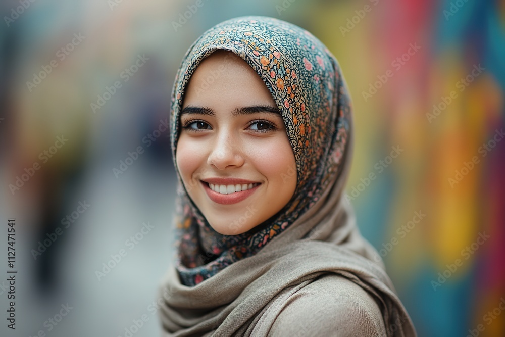 close-up photo of young woman wearing headscarf smiling warmly natural lighting inclusive tone close-up photo of young woman wearing headscarf smiling warmly natural lighting inclusive tone