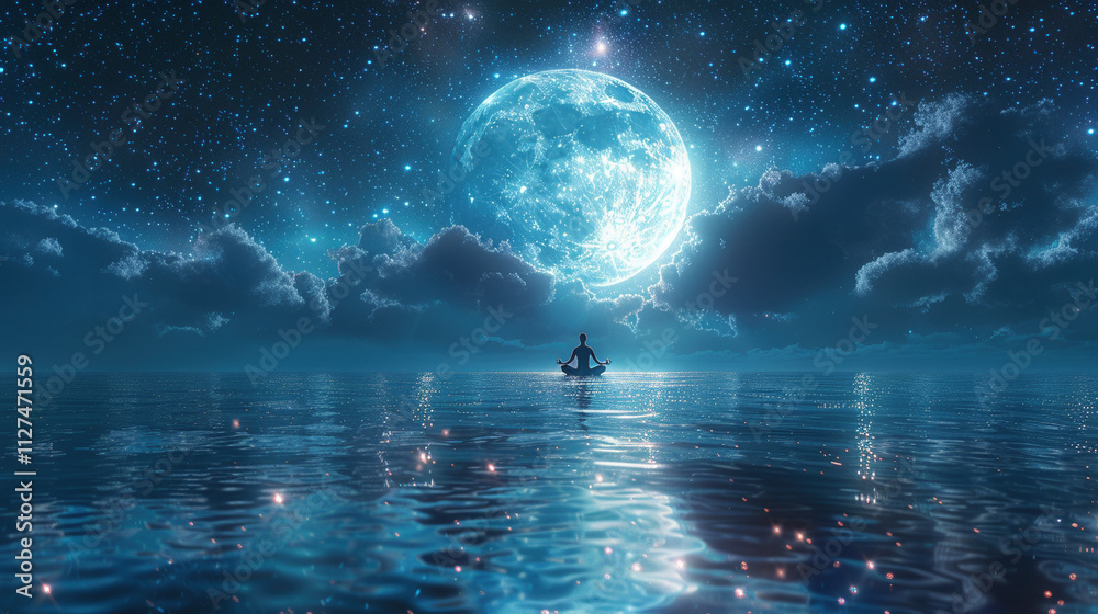 Person Meditating Under Starry Night Sky Person Meditating Under Starry Night Sky