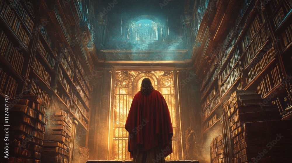 Jesus standing in an ancient library illuminated by golden light, surrounded by towering bookshelves