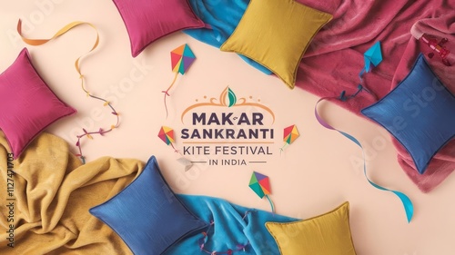Celebrating Makar Sankranti: Vibrant Kite Festival in India. Explore the colorful essence of Makar Sankranti with kites and decorative pillows, showcasing festive joy in India.