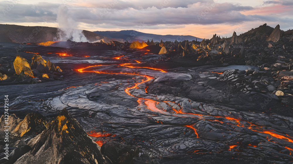 Fototapeta premium A volcanic landscape with glowing rivers of lava flowing between jagged black rocks