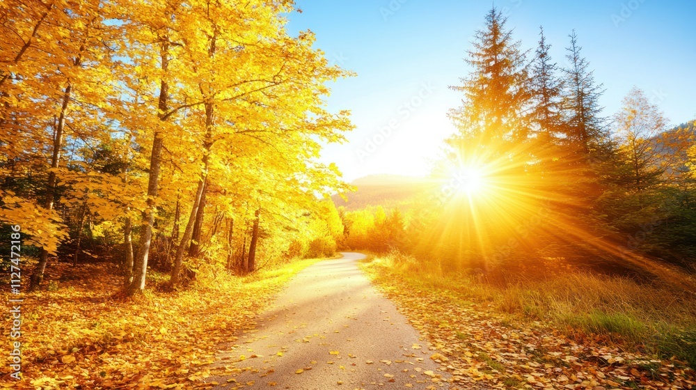 Scenic autumn landscape with sunlit pathway and trees. Scenic autumn landscape with sunlit pathway and trees.