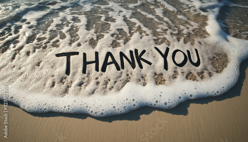 Fototapeta Naklejka Na Ścianę i Meble -  Sand message on the beach shows an expression of gratitude with waves gently washing over it