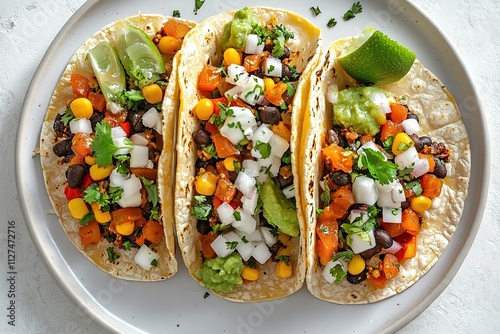 top view of perfectly arranged taco plate with vibrant toppings celebrating mexican food traditions photo