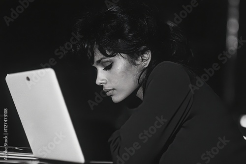 A businesswoman types on her laptop while working in a corporate environment. photo