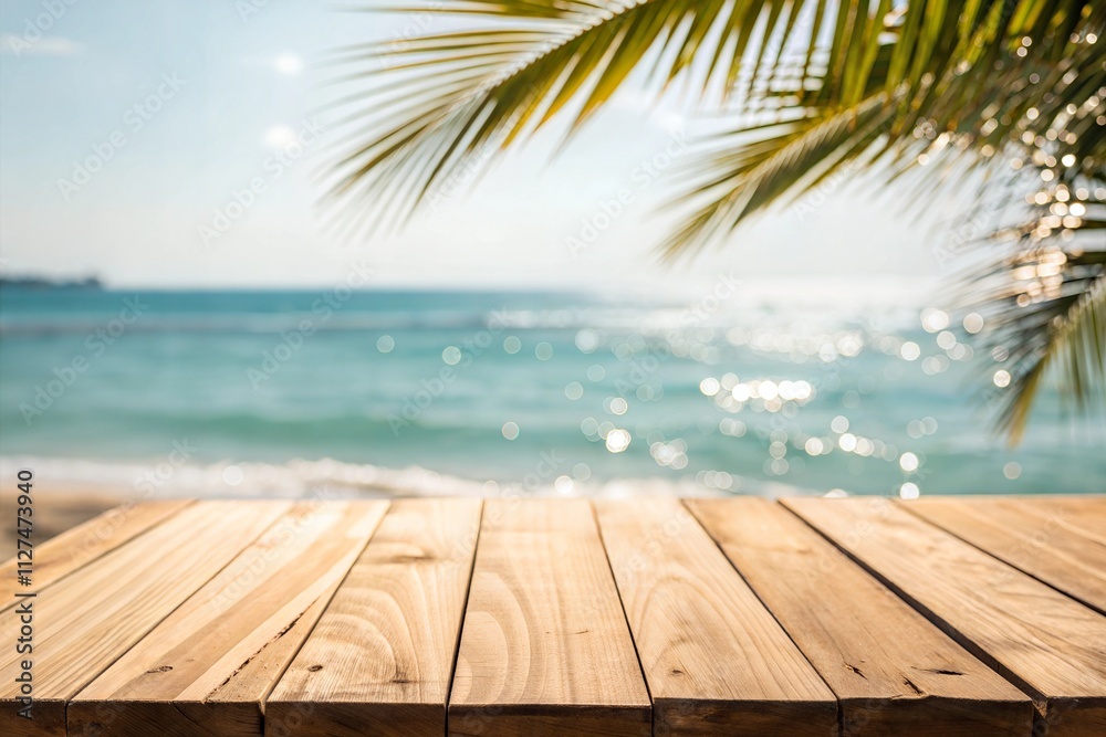 Fototapeta premium Sunlight streams through lush palm leaves, casting a warm glow on a wooden table overlooking a tranquil beach and gentle ocean waves during the afternoon.Podium for advertising, podium for products.AI