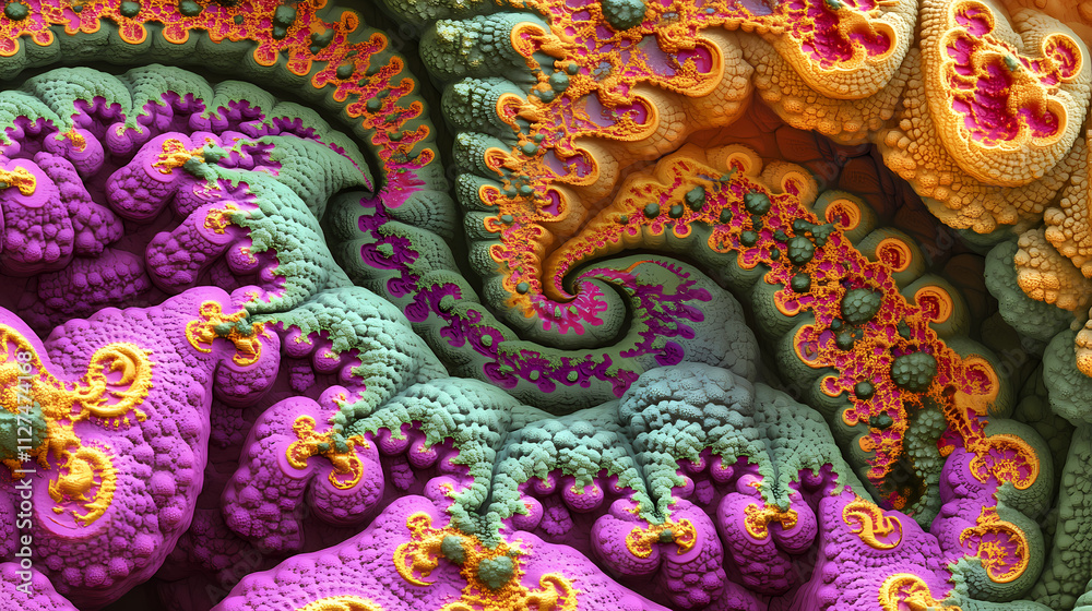 A fractal with a vibrant, psychedelic color scheme and flowing, organic shapes. Fractal. Illustration A fractal with a vibrant, psychedelic color scheme and flowing, organic shapes. Fractal. Illustration