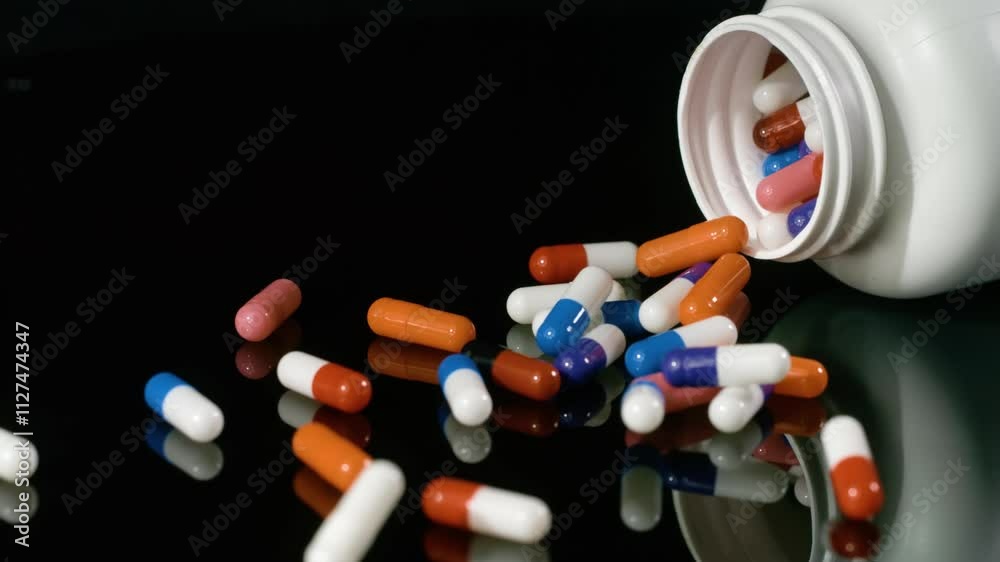 Pill bottle falls over and slips pills onto a black surface in slow motion.