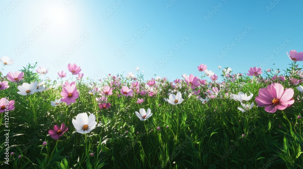 Fototapeta premium Vibrant cosmos flowers in sunny meadow