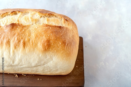 top view of rustic loaf of freshly baked bread on wooden board symbolizing traditional baking photo