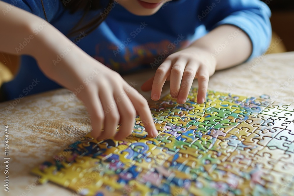 An autistic child enthusiastically completing a puzzle, symbolizing focus, joy, and achievement. An autistic child enthusiastically completing a puzzle, symbolizing focus, joy, and achievement.