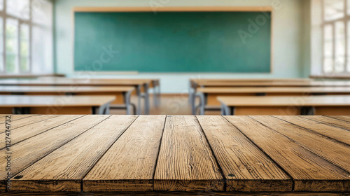 A wooden desk with visible grain texture positioned in front of an empty classroom  with a clean green chalkboard on the wall and rows of desks blurred in the background