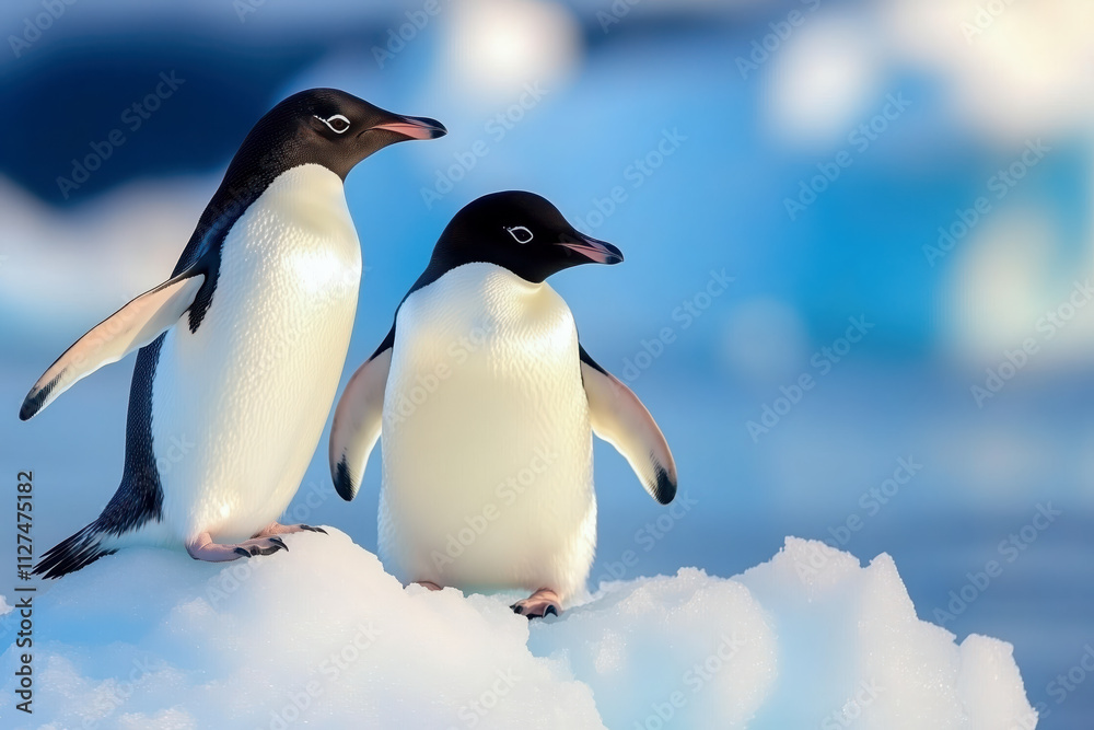 Fototapeta premium Adelie penguins stand on an iceberg.