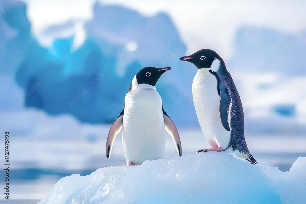 Fototapeta premium Adelie penguins stand on an iceberg.