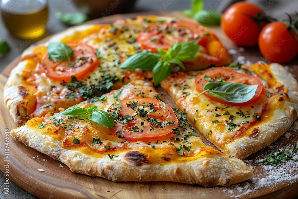 Homemade pizza topped with fresh tomatoes and basil on a wooden cutting board in a cozy kitchen setting Homemade pizza topped with fresh tomatoes and basil on a wooden cutting board in a cozy kitchen setting