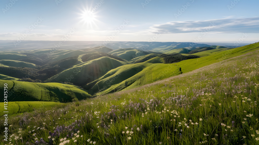 Rolling green hills covered in a blanket of wildflowers, stretching into a bright horizon