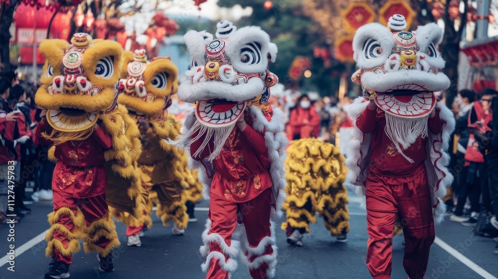 Fototapeta premium Vibrant Lion Dance Performance During Lunar New Year Celebration. Experience the lively atmosphere of a Lunar New Year celebration with traditional lion dancers in vibrant costumes marching...