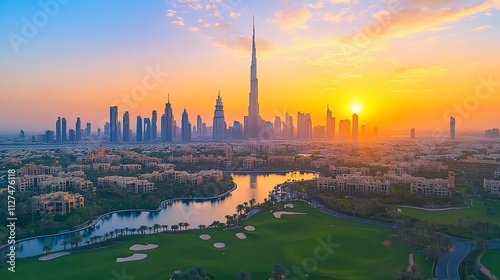 Stunning sunrise over Dubai's skyline, showcasing modern architecture, lush greenery, and a tranquil lake.
