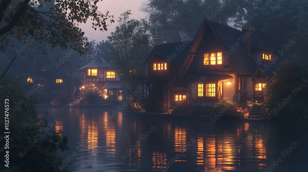 Fototapeta premium Cozy waterfront houses glowing warmly at twilight, mist on calm water.
