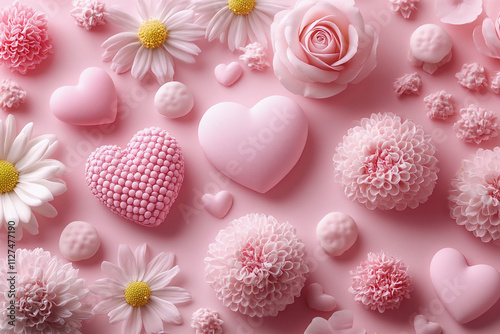 Pink pastel hearts and flowers, valentine or birthday greeting card