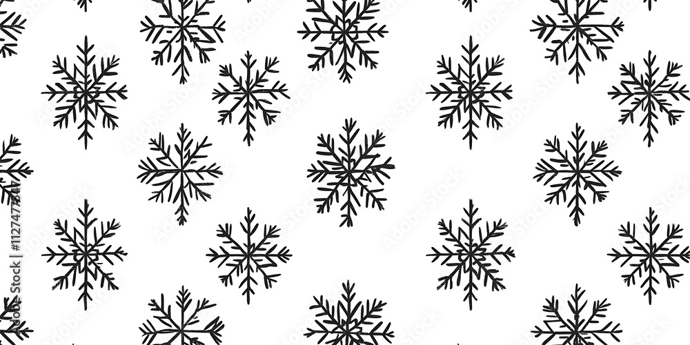 a simple repeated pattern featuring snowflakes suitable for wrapping paper. Black and white, a simple repeated pattern featuring snowflakes suitable for wrapping paper. Black and white,
