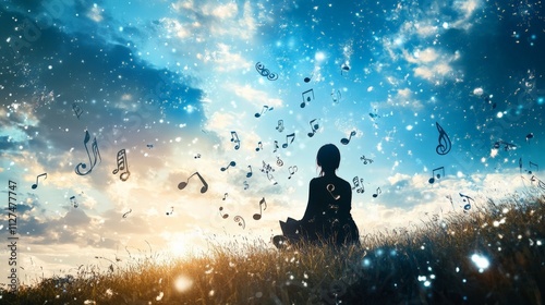 A person meditating in nature with floating music notes and a vivid sky creates a serene atmosphere, perfect for relaxation.