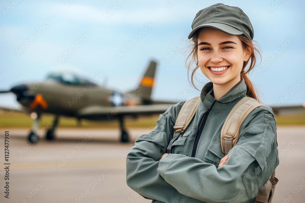 Attractive smiling female airplane pilot on the ramp, charming female private airline employee in uniform and cap Attractive smiling female airplane pilot on the ramp, charming female private airline employee in uniform and cap