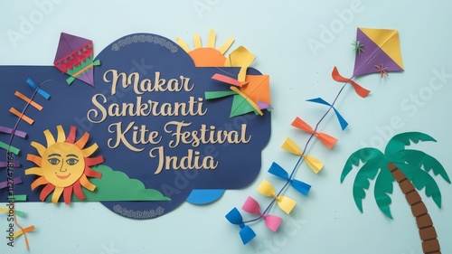 Celebrating Makar Sankranti: Vibrant Kite Festival in India. Explore the colorful charm of Makar Sankranti, a popular kite festival in India, beautifully illustrated through vibrant paper ar...
