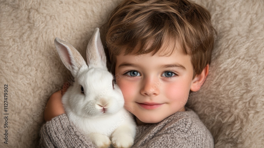 A young boy tenderly holds a fluffy white rabbit, both smiling, against a soft, textured background, This heartwarming image is ideal for family-oriented themes, animal care, or children's marketing, A young boy tenderly holds a fluffy white rabbit, both smiling, against a soft, textured background, This heartwarming image is ideal for family-oriented themes, animal care, or children's marketing,