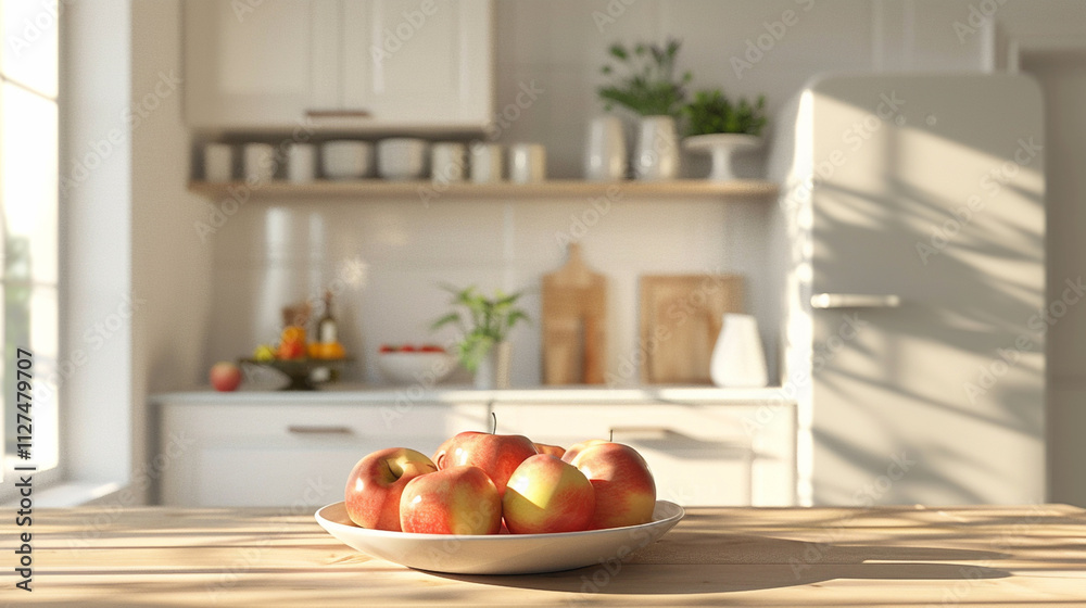 Freshly picked apples displayed on a plate in a sunlit kitchen with modern decor and wooden accents