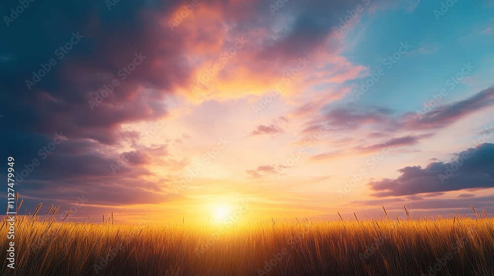 Obraz premium A breathtaking sunset over a golden field, showcasing vibrant hues of orange and purple in the sky, This image is perfect for themes of nature, tranquility, or rural life in marketing and design,
