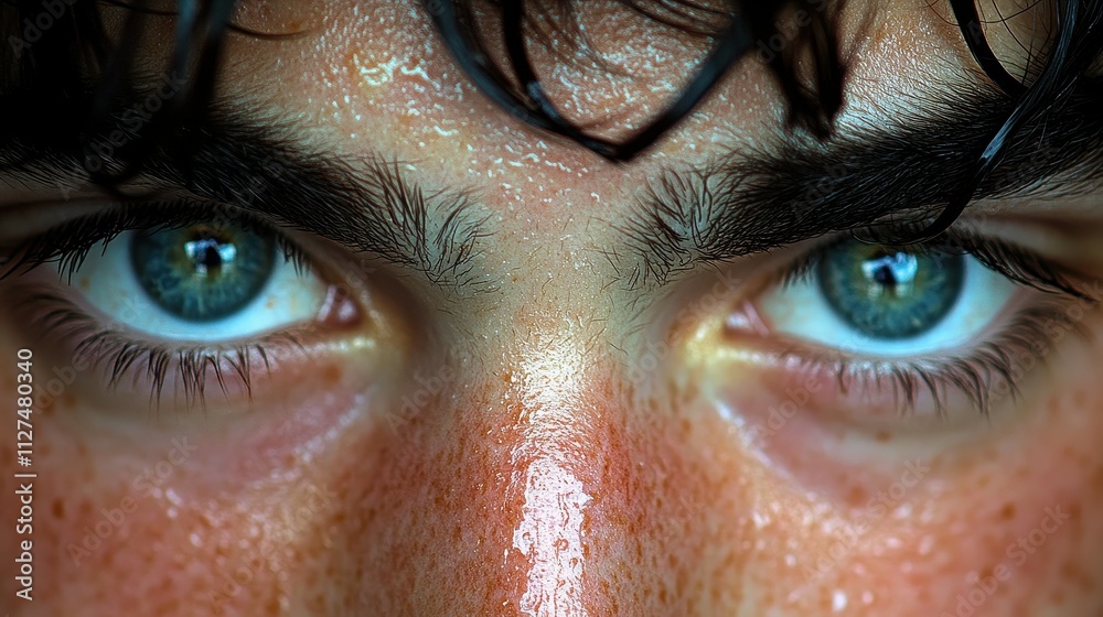 A man with blue eyes and a beard. The eyes are open and staring. The man has a red nose and a red face A man with blue eyes and a beard. The eyes are open and staring. The man has a red nose and a red face