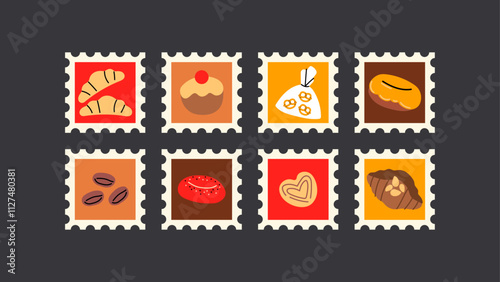 Collection of bakery shop posters with bread and fresh pastries. pastries, bread, bagel, croissant, cookie and other bright elements. quare banners postage stamps. Acid hippie shapes photo