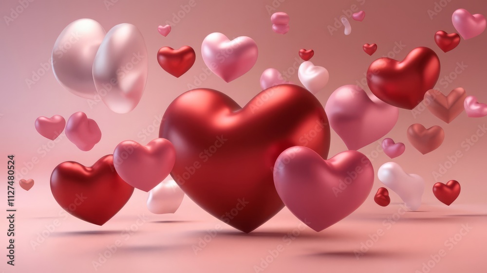 Colorful 3D Hearts Floating on a Soft Background. A vibrant collection of 3D hearts in various shades of red and pink, beautifully arranged against a soft, dreamy background. Colorful 3D Hearts Floating on a Soft Background. A vibrant collection of 3D hearts in various shades of red and pink, beautifully arranged against a soft, dreamy background.