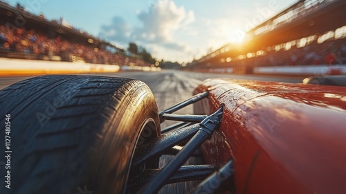 A red race car is speeding down a track with a crowd of people watching. The sun is shining brightly, creating a sense of excitement and anticipation