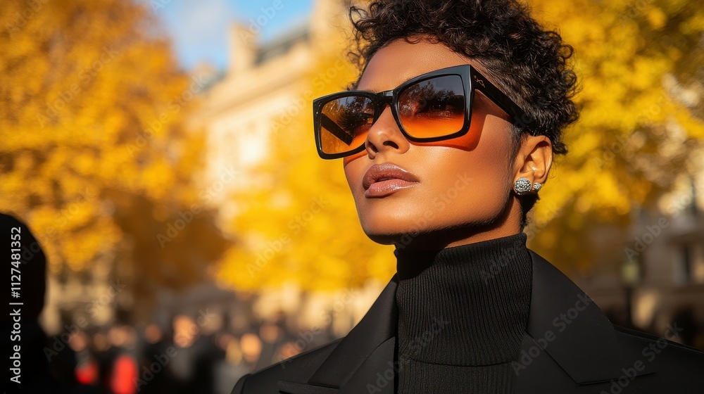 A woman wearing sunglasses and a black jacket stands in front of a building. The scene is set in a city with a lot of people around her A woman wearing sunglasses and a black jacket stands in front of a building. The scene is set in a city with a lot of people around her