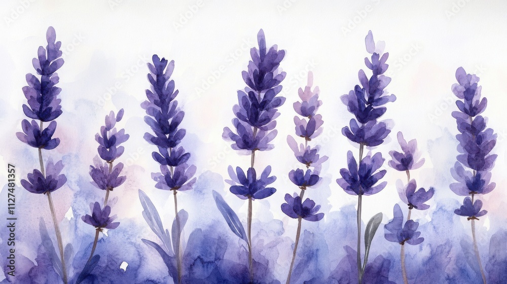 Obraz premium Watercolor painting of lavender flowers in shades of purple, creating a serene and calming image. The soft hues and delicate brushstrokes evoke a sense of tranquility.