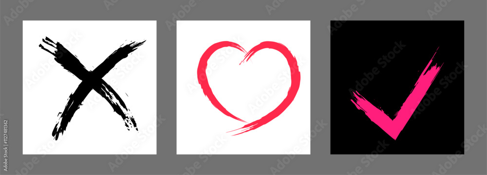 The cross, heart and OK symbol are hand-drawn with a brush. Prohibition, denial, error. Love. Approval, consent. Vector, set of 3 characters The cross, heart and OK symbol are hand-drawn with a brush. Prohibition, denial, error. Love. Approval, consent. Vector, set of 3 characters