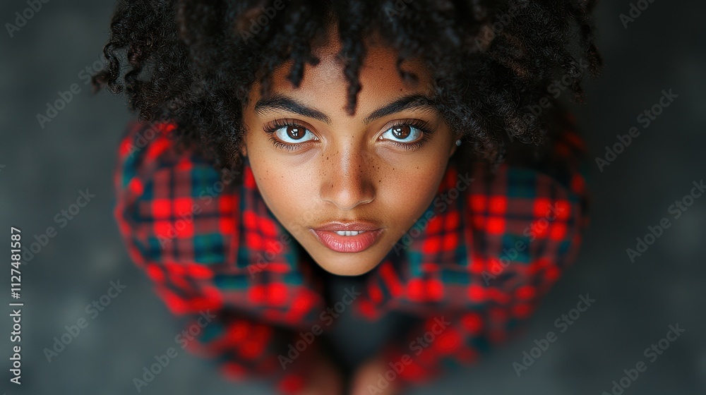 A woman with a red and green plaid shirt is looking at the camera. She has a smile on her face and her eyes are open wide A woman with a red and green plaid shirt is looking at the camera. She has a smile on her face and her eyes are open wide