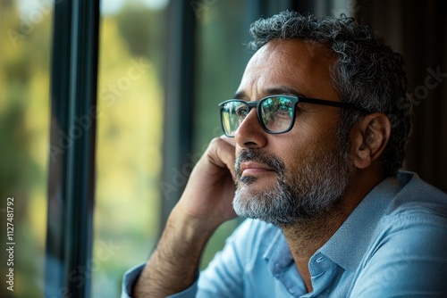 A businessman gazing out of his office window, deep in thought about the future of innovation and technology.