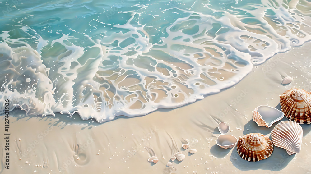 Obraz premium Seashells on Sandy Beach with Gentle Waves