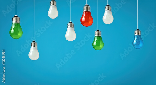 Different color bulbs, multicolor technology concept innovation modern and business industry on a blue background.