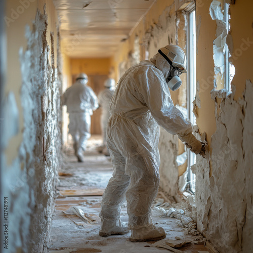 asbestos abatement workers, removing hazardous material, old home, dry wall, plastic containment photo